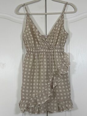 Winston White Beige Gingham 100% Linen Mini Dress Cotton Lined Cottagecore Small
